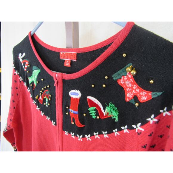 Medium Christmas Sweater Shoe Patches Jungle Bells Front Zip Tacky Unique - Picture 3 of 5